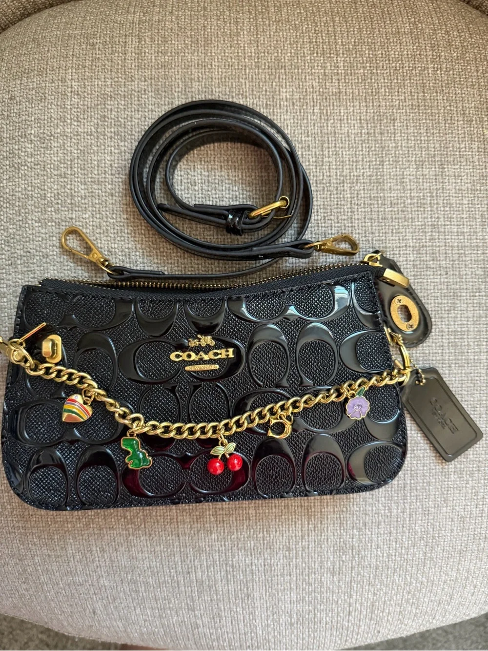 Coach Black Patent Leather Signature Wristlet with Gold Charm Chain